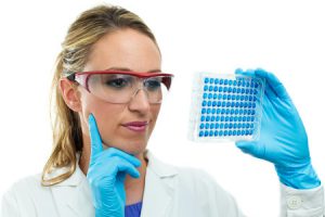 26012806 - laboratory woman examining a 96 well microplate in hand